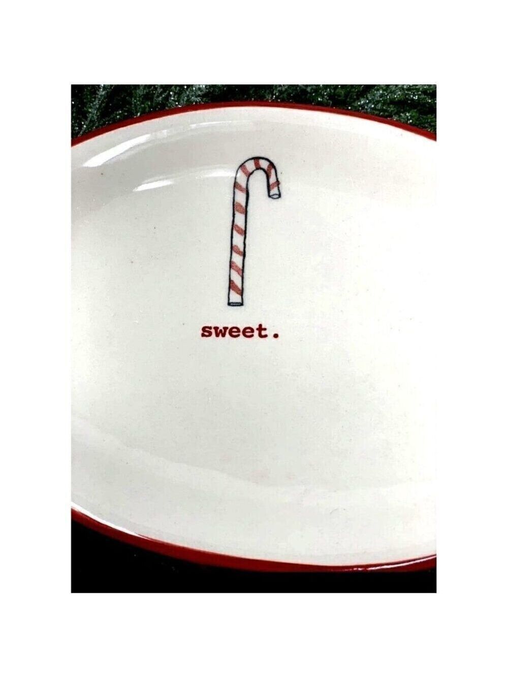 Rae Dunn SWEET Candy Cane 8 Inch Oval Plate Red Rim Trim White Holiday Christmas